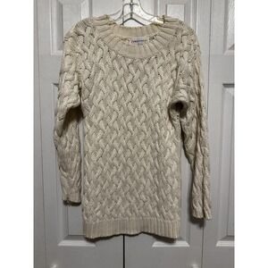 Together! Vintage Bone Cream Cable Knit Fisherman Sweater Womens Medium 90s